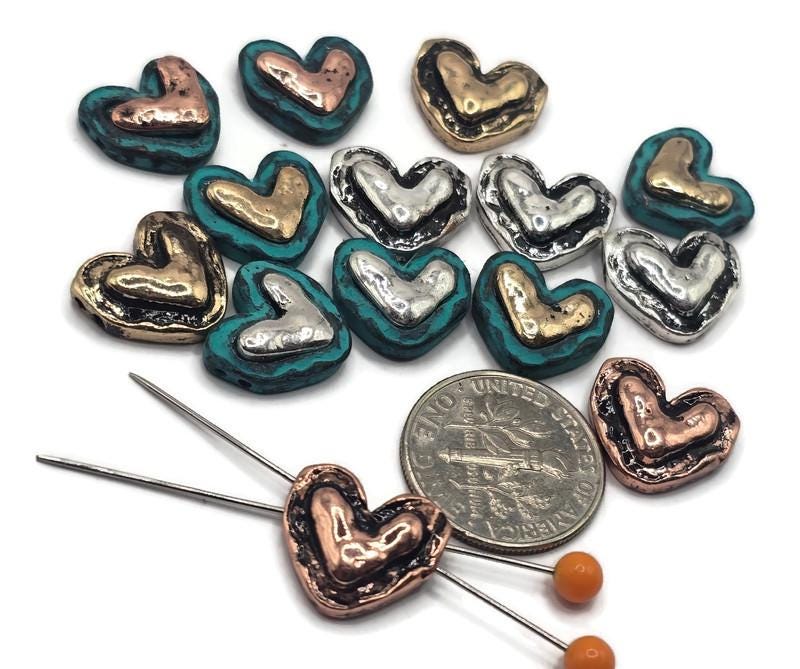 Beads - 2 hole Slider (Qty 14) Mixed Metal for Jewelry Making into Bracelets, Necklaces, or Earrings in Hearts Findings for Crafts 601M5 FST
