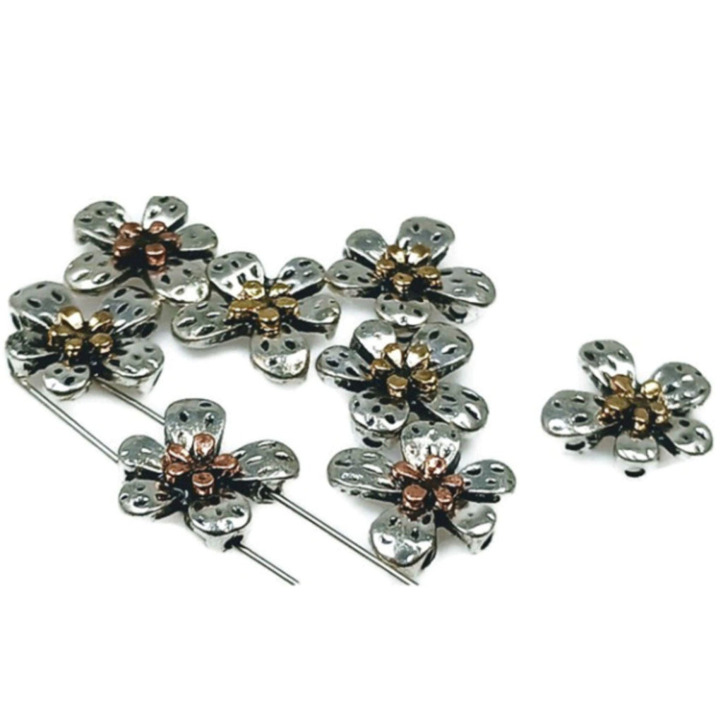 Slider Beads (Qty 8) 2 hole slider beads Floral Beads Metal Beads Spacer Beads Flat Bracelet Making Beads 224-m5 FST