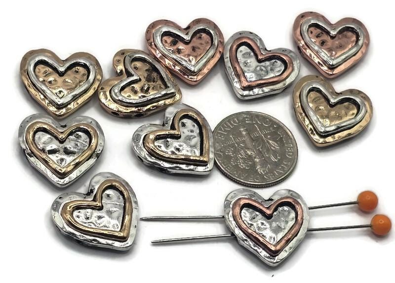 2 hole Slider Beads (Qty 10)Metal Heart Beads in Mixed Metal for Jewelry Making in Bracelets or Necklaces - Great Findings or Focal 491-F13 FST