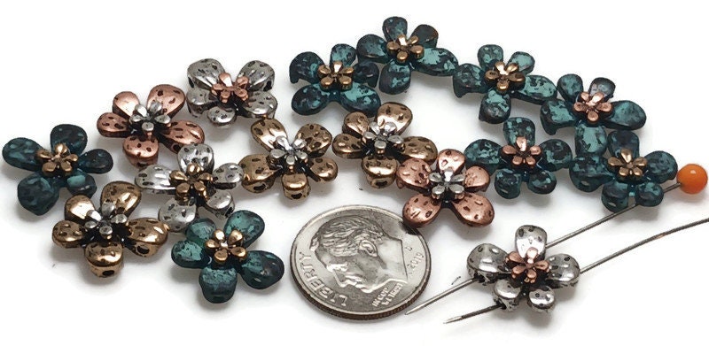Slider Beads (16 pcs) 2 hole Beads Floral Flower Beads Mixed Metal Spacer Beads Silver Ornate Beads 459-M11 FST