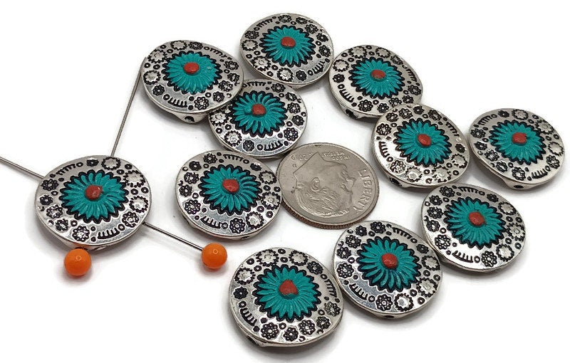 2 hole Slider Beads (Qt 11) Western Style with Turquiose Enamel for Crafting Jewelry Designs into Metal Bracelets or Necklaces 573-M11 FST