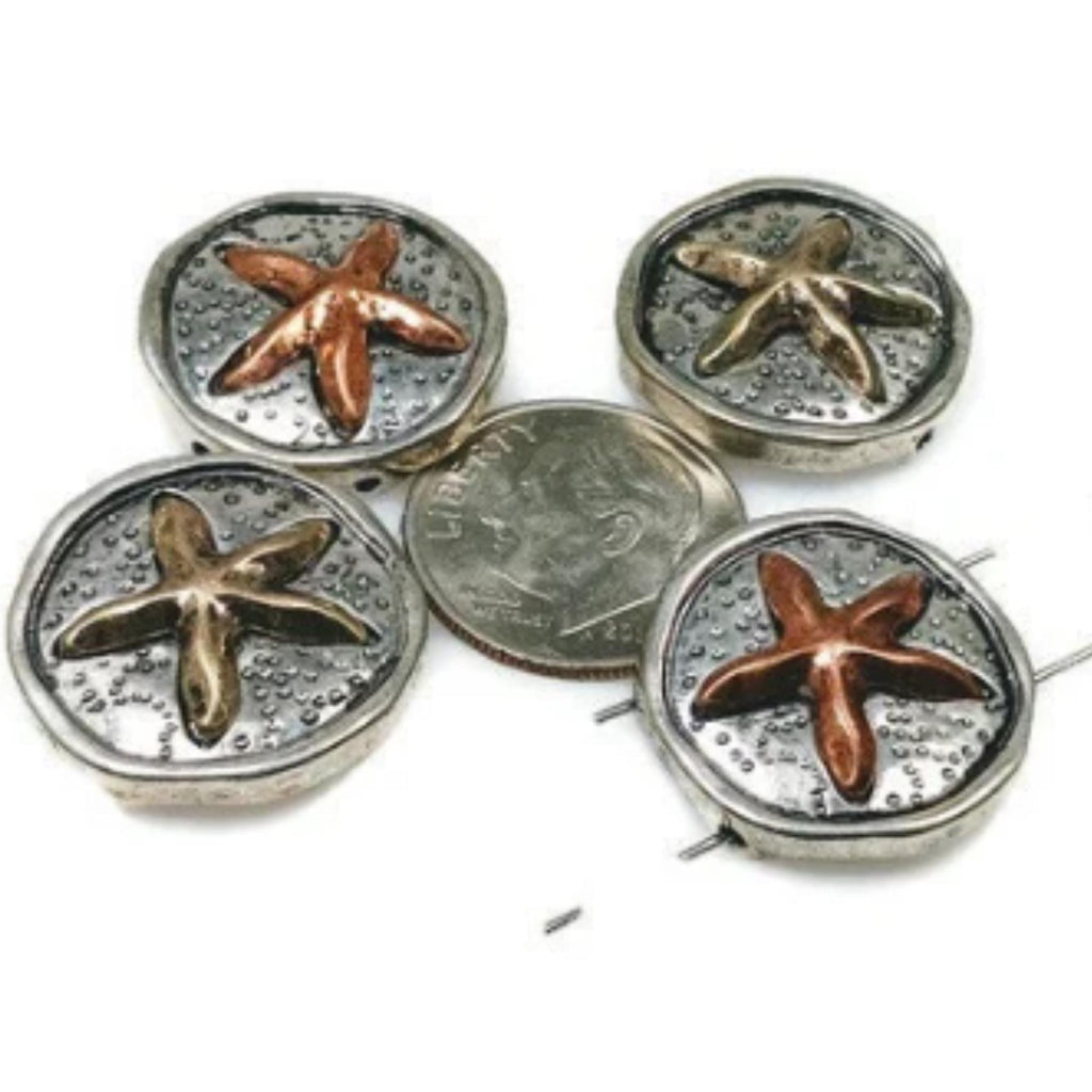2 Hole Slider Beads (4 pc) Sealife Starfish Unqiue Coin Metal Beads for Jewelry Making for Necklace Bracelet Designs 288-M11 FST