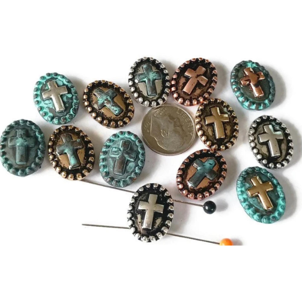 2 Hole Slide Beads (13 pcs) Textured Cross Oval Beads for Jewelry Making or DIY Bracelet or Necklace 527-M9 FST