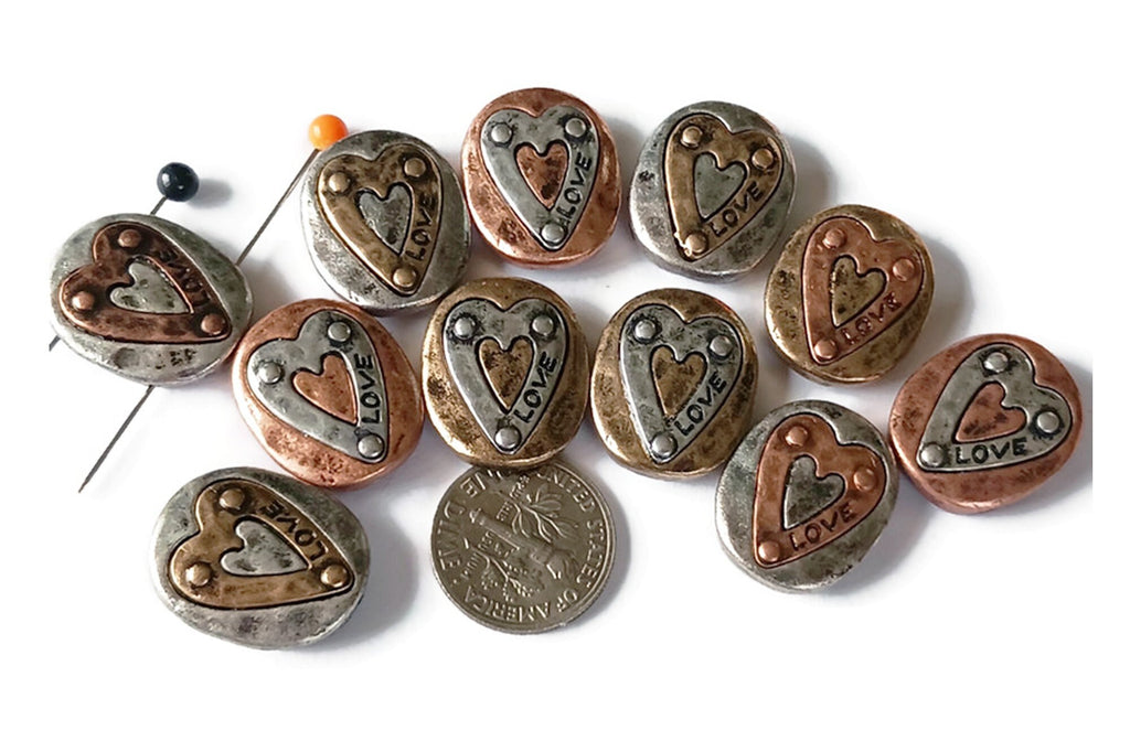 2 Hole Slide Beads (11 pcs) Pewter Silver Heart Inlay Metal Beads for Jewelry Making or DIY Bracelet or Necklace 505-N1 FST