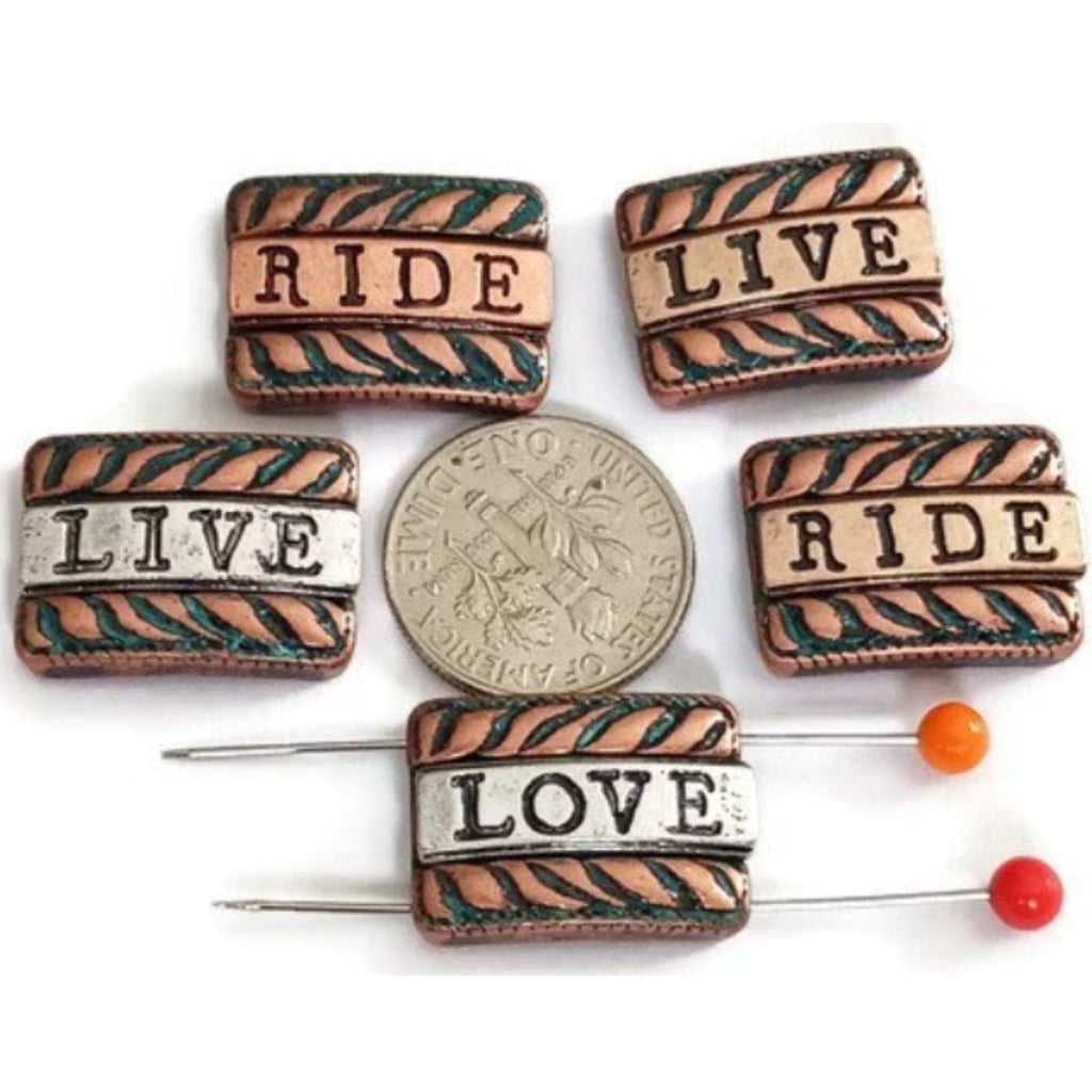 2 Hole Slider Beads (5 pc) Spacer Beads Words "Ride, Love and Life" Western Beads Sliderbeads Bracelet Beads Flat Beads 407-M1 FST