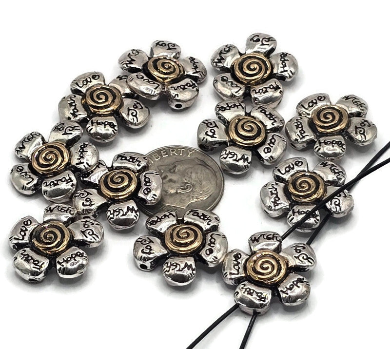 2 Hole Slider Beads (11 pc) Floral Beads Flower Beads Spacer Beads Flat Beads Sliderbeads 2 hole beads Pewter Beads 251-H8