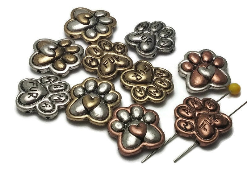2 Hole Slider Beads (qty 10) Double Strand Beads Fur Mama Paw Print Beads Metal Beads Dog Lover Beads 149-M15