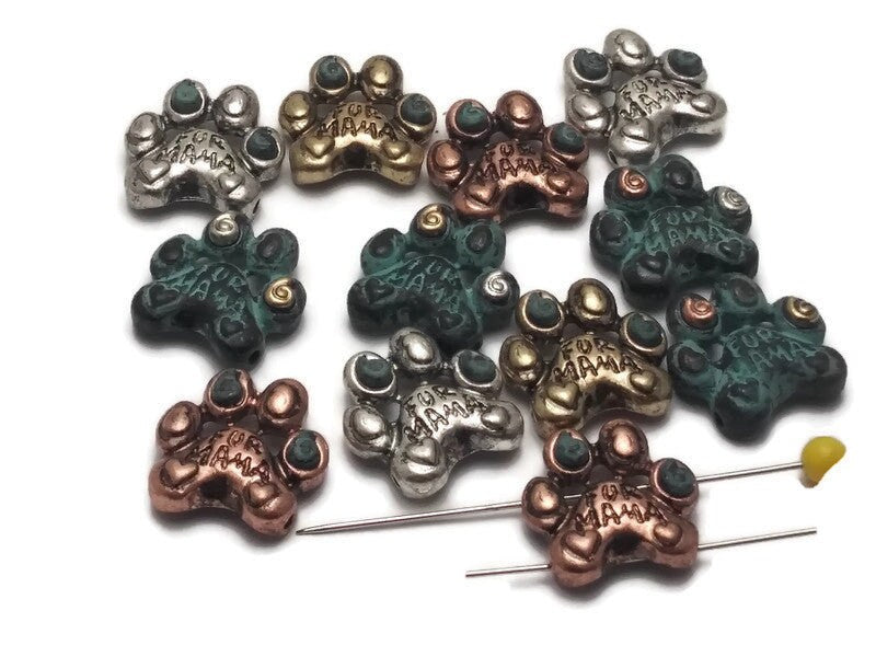 Slider Beads (Qty 12) Fur Mama Paw Print Mixed Metal Beads 2 hole Slider Beads Bracelet Beads Necklace Beads 131-F13