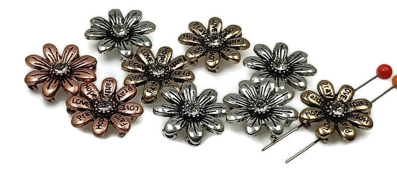 Slider Beads (9 pcs) Rhinestone Beads Floral Beads Flower Beads Flat Bracelet Making Beads Mixed Metal Spacer Beads Silver 217-N1