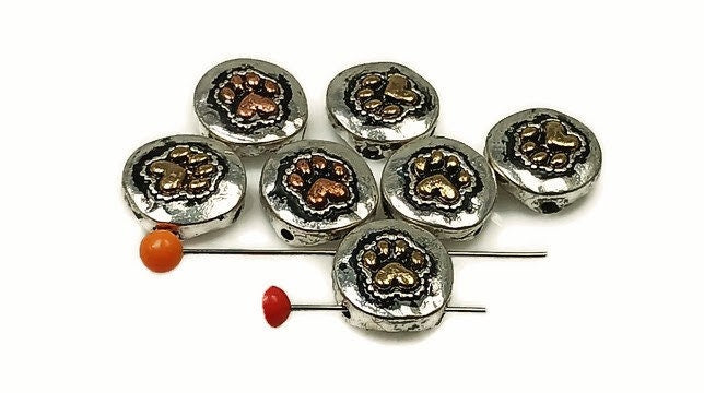 Slider Beads (Qty 7) 2 hole slider beads Paw Print Beads Metal Beads Spacer Beads Flat Bracelet Making Beads 221-M7