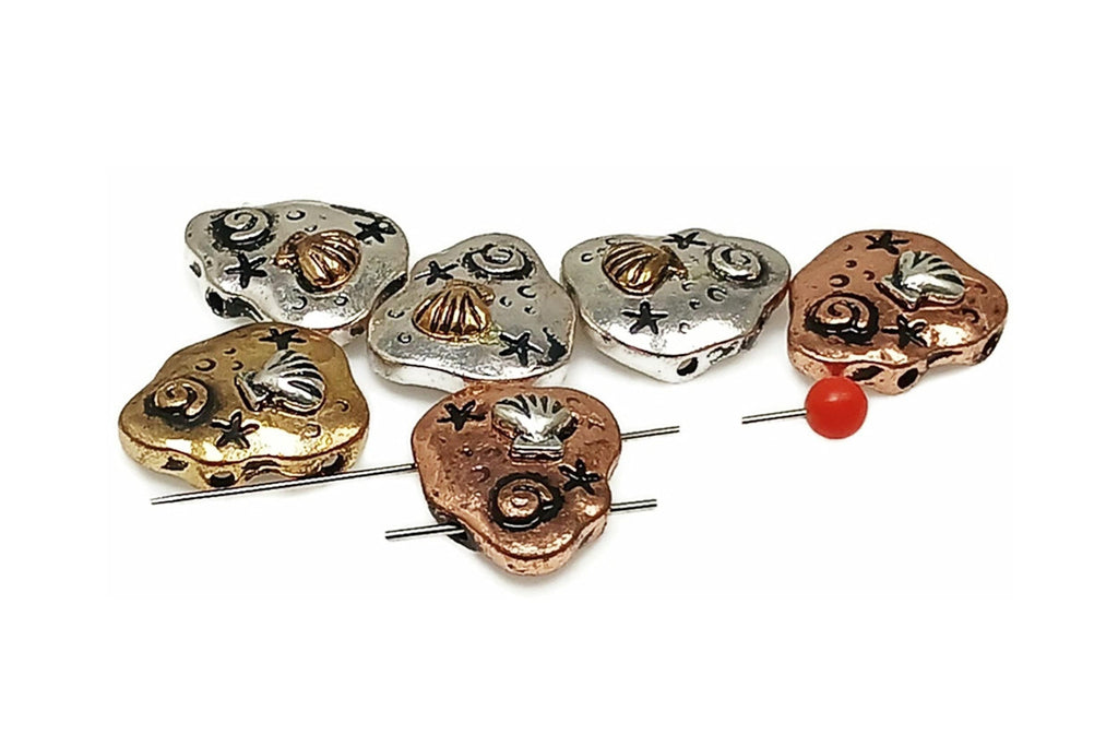 Slider Beads (6 pcs) 2 hole Beads Sealife Beads Seashell beads Themed Beads Mixed Metal Beads Spacer Beads Silver 176-N1
