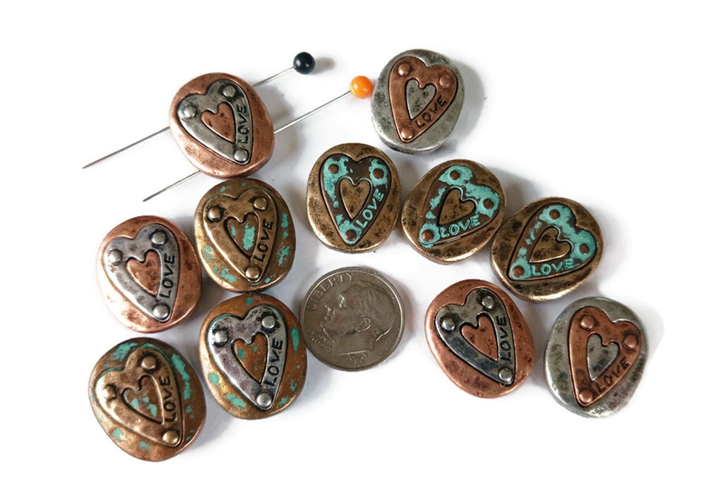 2 Hole Slide Beads (11 pcs) Metal Heart Design Beads for Jewelry Making or DIY Bracelet or Necklace 509-N1 FST