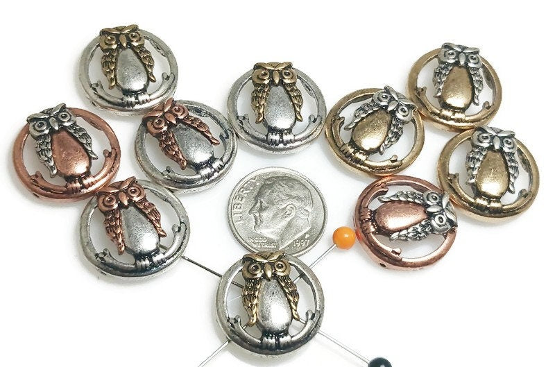 Slider Beads (10 pc) 2 hole beads with an Owl Design for Crafting and Jewelry Making into Bracelets or Necklaces 488-N4