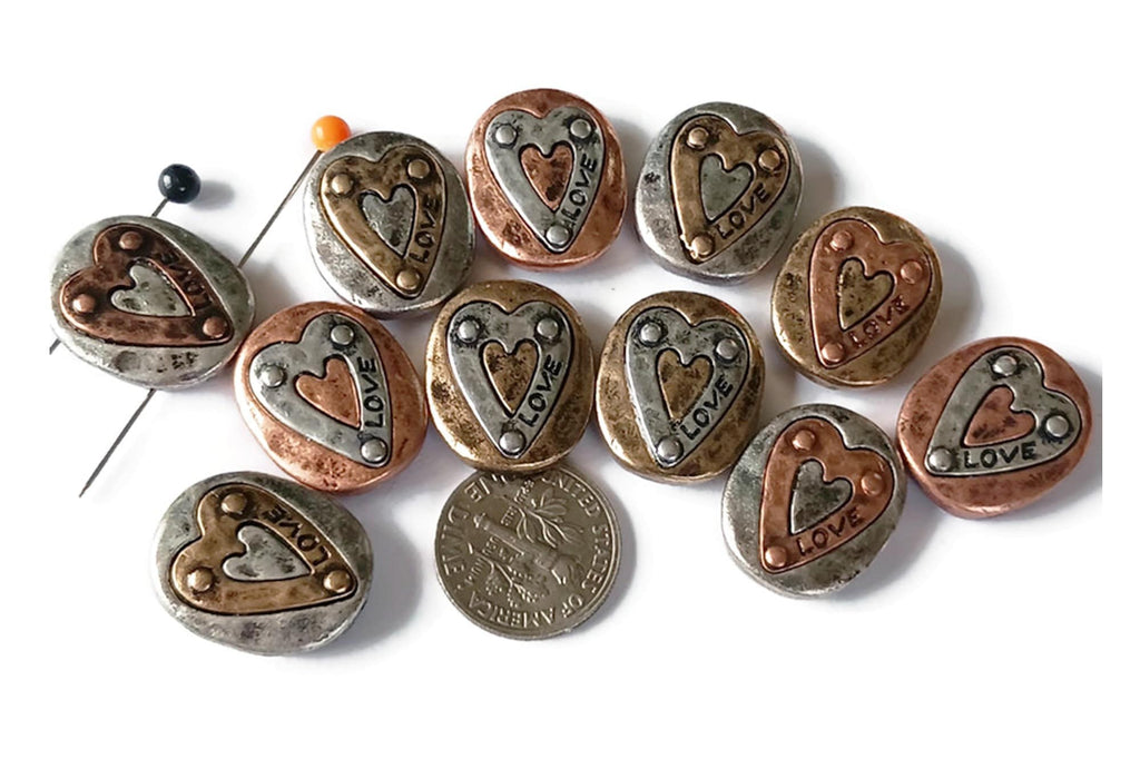 2 Hole Slide Beads (11 pcs) Pewter Silver Heart Inlay Metal Beads for Jewelry Making or DIY Bracelet or Necklace 505-N1 FST