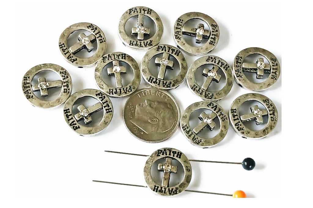 2 Hole Slide Beads (12 pcs)Silver Metal Circle Cross with "Faith" Engraved Beads for Jewelry Making or DIY Bracelet or Necklace 516-M18 FST