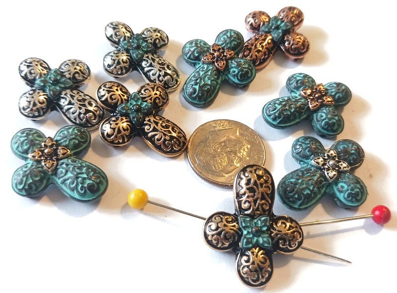 Slider Beads (Qt 9) Cross Ornate Filigree 2 hole Beads - Great for Jewelry Making and Crafting into Bracelets and Necklaces 530-M11