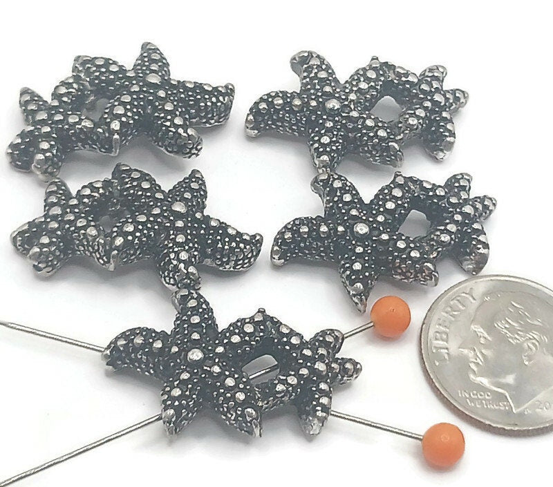 5 Textured Silver Starfish 2 hole Slider Beads for Jewelry making into Necklacs or Bracelets P148-M18
