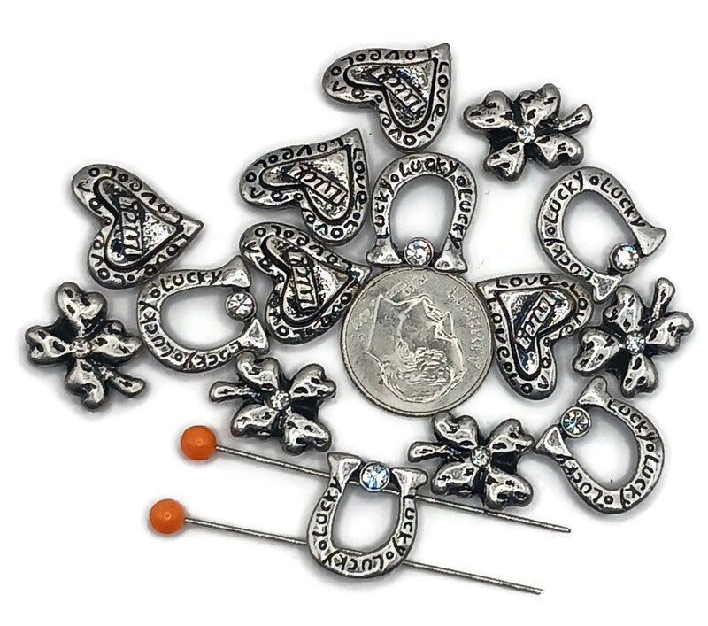 Slider Beads (15 pc) Lucky Horseshoe Clover 2 hole beads for Jewelry Making Crafting into Bracelets, Necklaces and Earrings-Silver 551-M11