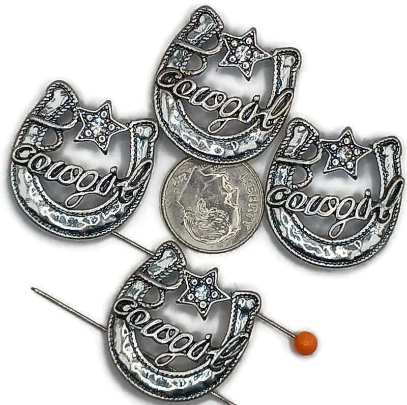 Slider Beads (4 pc) Silver Western Horseshoe with "Cowgirl" 2 hole beads Spacer Beads for Jewelry, Necklace and Bracelet Making 553-M11