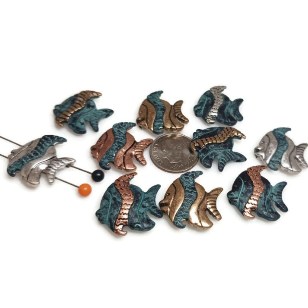 Slider Beads (10 pcs) 2 hole in a Focal Fish Design Great for Crafting or Beading into Bracelets or Necklaces -Various Metals - 475-M5