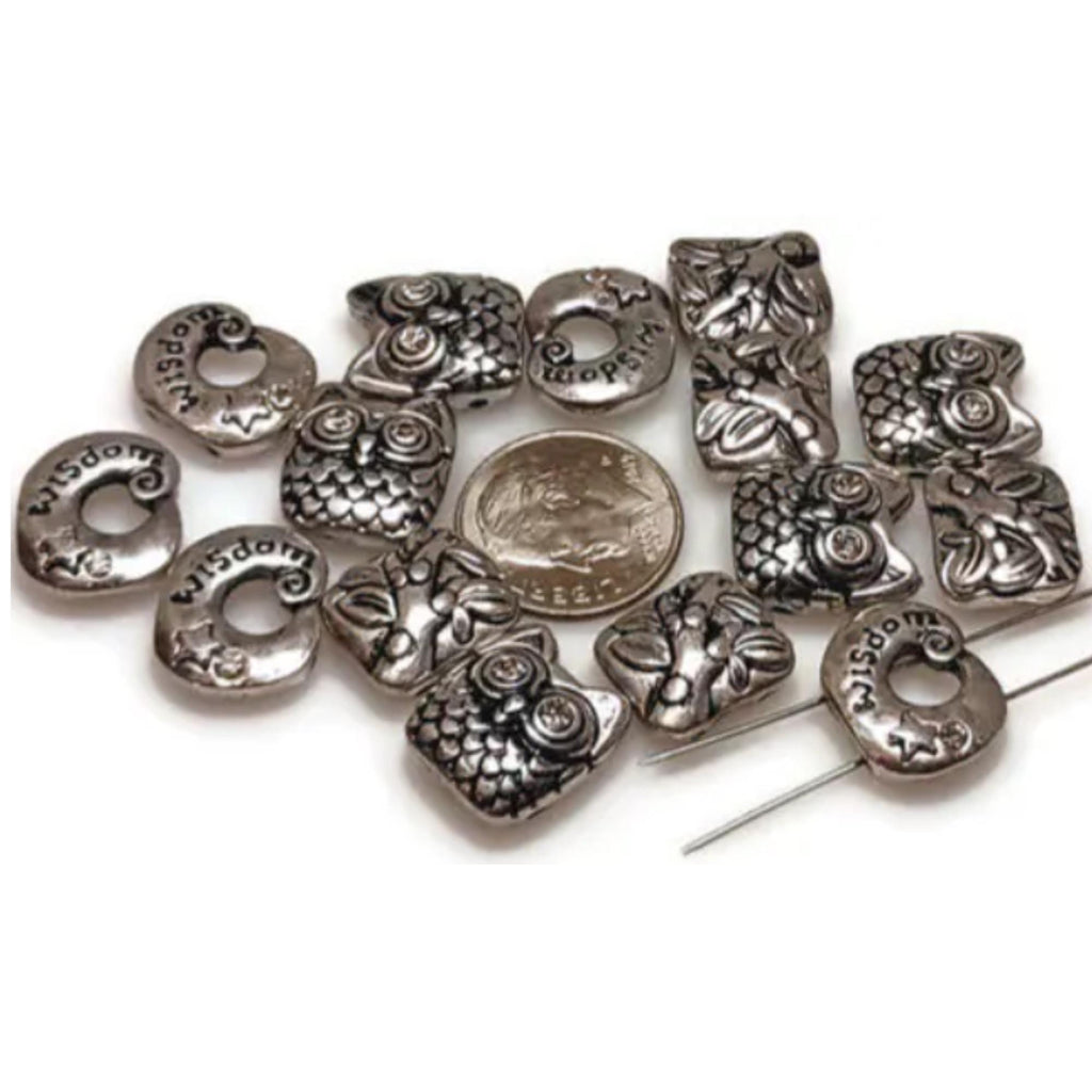 Slider Beads (13 pc) 2 hole beads in Owls for Jewelry Making into Necklaces or Bracelets or Crafting - Silver Owls with Rhinestones 445-M1