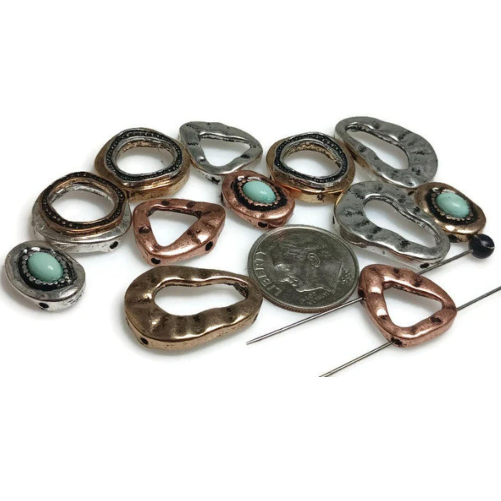 2 Hole Slider Beads (12 pc) Mixed Metal Hammered Texture Turquoise Western Style Jewelry Making beads 482-M15-FST