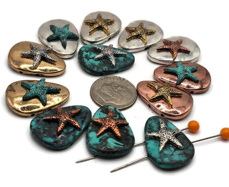 2 Hole Slider Beads (QTy 12) Double Strand Metal Beads with Starfish for Necklace or Bracelet Making 596-M7 FST