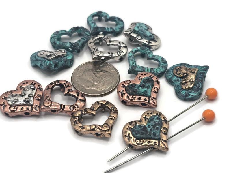14 2 Hole Slider Beads in a Heart Shape Design for Crafing and Beading into DIY Bracelets and Necklaces 142-M9