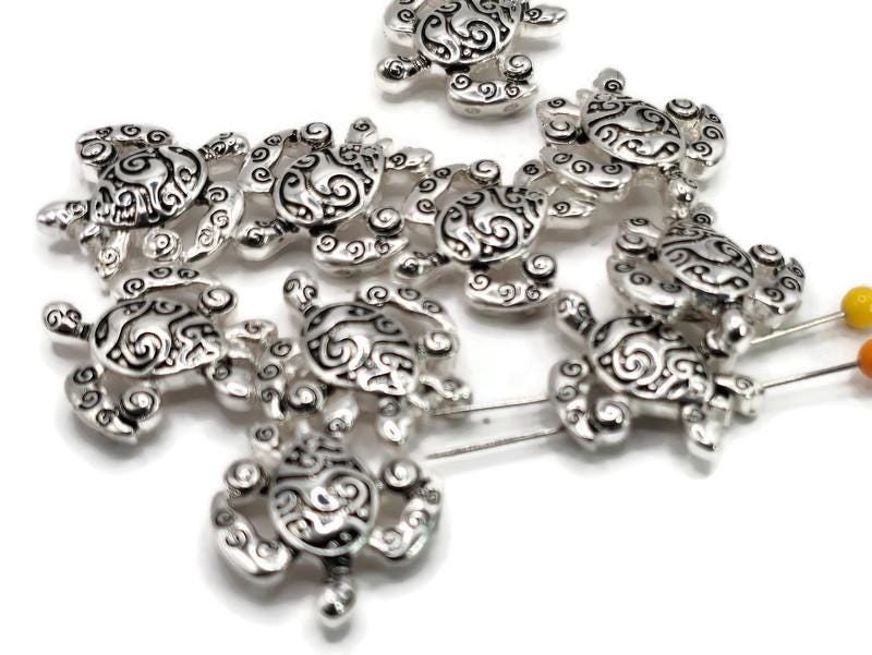 2 Hole Slider Beads (Qty 10) Bright Silver Beads Turtle Beads for Crafting into Bracelets or Necklaces for Jewelry Making 625 - N1