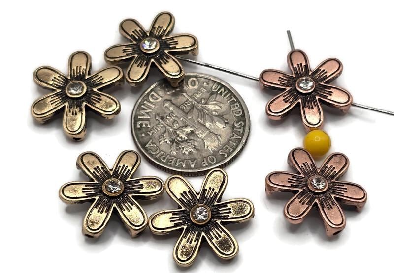 2 Hole Slider Beads (6 pc) Copper and Gold Floral Focal Beads for Crafting or Beading into Necklaces and Bracelets 624-N4 FST