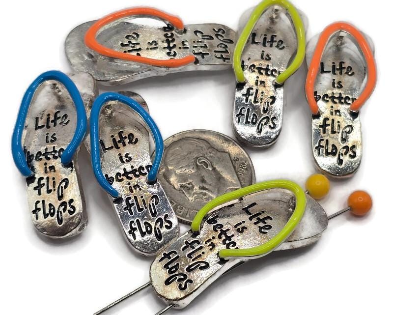 2 Hole Slider Beads (Qt 6) in Silver Flip Flop Summertime Beach Design for Jewelry Making into Necklaces and Bracelets 646-M14 FST