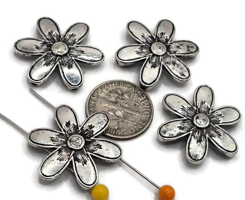 2 Hole Slider Beads (4 pc) Silver Flower Floral Focal Beads for Crafting or Beading into Necklaces and Bracelets 615-N5 FST