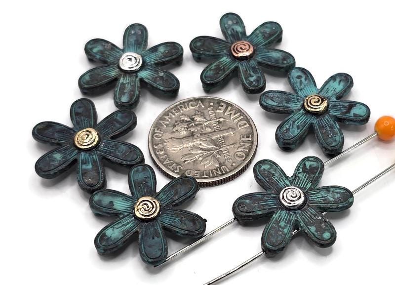 2 Hole Slider Beads (6 pc) Patina Floral Focal Beads for Crafting or Beading into Necklaces and Bracelets 622-N5 FST