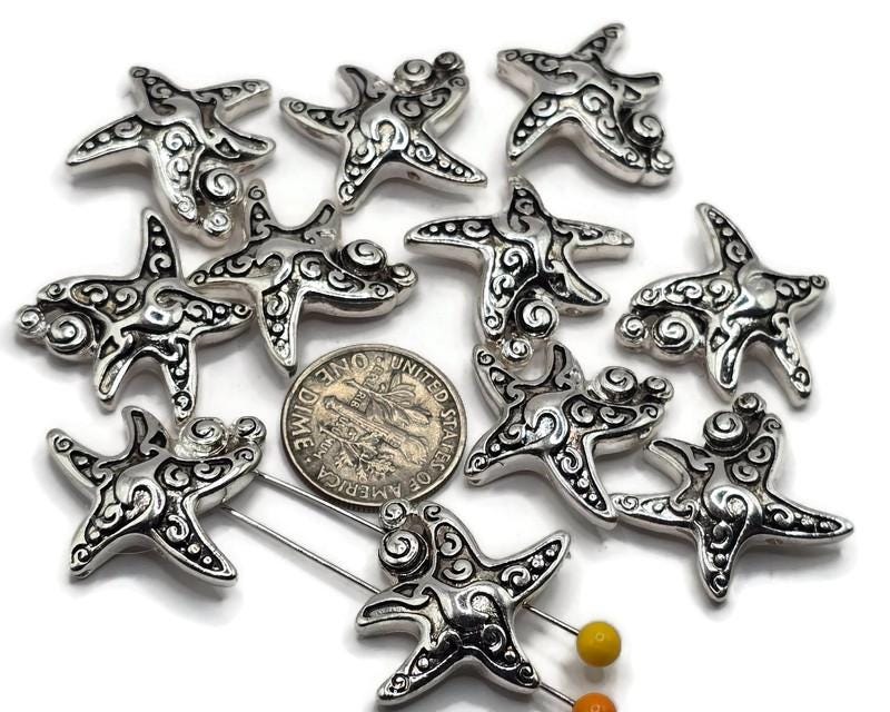 2 Hole Slider Beads (10 pc) Bight Silver a Starfish Design for Crafting Necklaces, Bracelets or Jewelry Making Double Strand 627-m1 FST