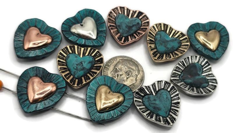 2 Hole Slide Beads (10 pcs) Silver Metal Circle Heart for Crafting, Jewelry Making or DIY Bracelets or Necklaces 636-M1 FST