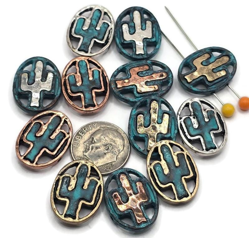 Slider Beads (12 pc) Western Flat Spacer Beads with a Cactus Design for Jewelry Making, Necklaces and Bracelets in Mixed Metals 640-N12