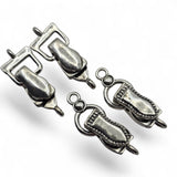 Mixed design silver fold-over magnetic clasps for jewelry making featuring two coordinating single-strand clasp styles. This four-piece assortment includes two of each silver metal design, with one attachment loop on each end for connecting beading wire or jewelry materials. Fold-over magnetic bracelet clasps combine convenient magnetic alignment with a hinged closure. Decorative jewelry findings for beaded bracelets, handmade jewelry, necklace making, DIY bracelet designs, and jewelry making at home.