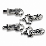 Silver-toned fold-over magnetic clasps with an ornate scroll and heart design are displayed on a white background. This jewelry finding set includes four matching clasp components shown from both front and back views. The decorative front features black enamel-style detailing with elegant swirls and heart accents, while the reverse side showcases textured beaded patterns. These secure magnetic clasps are ideal for bracelet making, bead weaving projects, necklaces, and handmade jewelry designs.