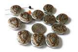 2 Hole Slider Beads  (11 pcs) Pewter Silver Heart Inlay Metal Beads for Jewelry Making or DIY Bracelet or Necklace Spacer Filler 504-H8 FST