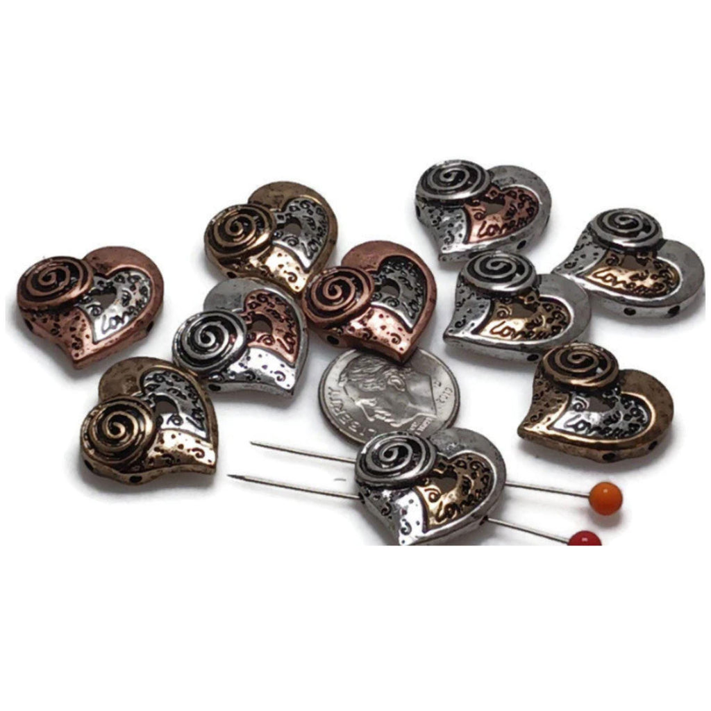 Slider Beads (10 pcs) 2 hole Beads heart Beads Mixed Metals for Jewelry Making 463-N4 FST