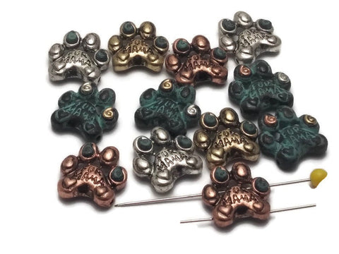 Slider Beads (Qty 12) Fur Mama Paw Print Mixed Metal Beads 2 hole Slider Beads Bracelet Beads Necklace Beads 131-F13 FST