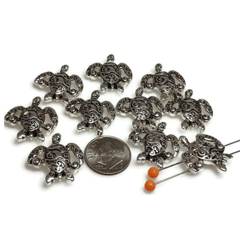 2 hole Slide Beads (10 pcs) Slider Beads Silver Turtles - Great for Bracelet and Other Jewelry Designs 477-M14 FST