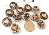 2 Hole Slide Beads  (12 pcs)Silver Metal Circle Heart with "Love" Engraved Beads for Jewelry Making or DIY Bracelet or Necklace 518-M1 FST