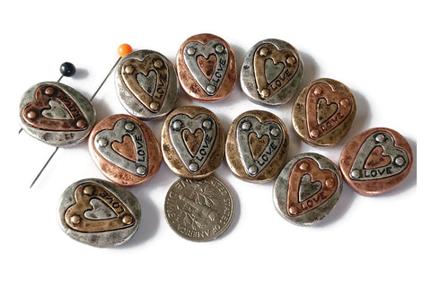 2 Hole Slide Beads  (11 pcs) Pewter Silver Heart Inlay Metal Beads for Jewelry Making or DIY Bracelet or Necklace 505-N1 FST