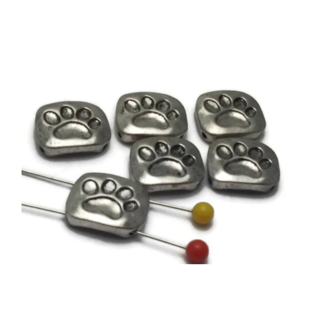 Slider Beads (qty 6) 2 hole Beads Silver Small Silver Paw Print Beads 107-M15 FST