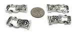 Wholesale bulk silver fold over magnetic clasps, featuring two distinct patterns. Each clasp has two holes on each end for versatile stringing and a back cutout for crimps. These magnetic clasps for bracelet designs are easy to use, providing a secure closure that won't accidentally open. Excellent for jewelry making, supplier supplies, and DIY components.