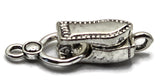 Add a darker silver finish to handmade jewelry with these Weathered Silver magnetic clasps. Unlike our highly reflective Bright Silver 7856 clasps, this finish has a softer stainless-steel-like color with subtle variations and antiqued detailing. Each fold-over clasp measures approximately 29 mm long and 10 mm wide with a single loop on each end. Ideal for bracelet making, necklace making, bead weaving, gemstones, seed beads, chain, and other DIY jewelry projects.