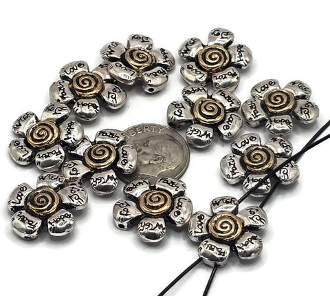 2 Hole Slider Beads (11 pc) Floral Beads Flower Beads Spacer Beads Flat Beads Sliderbeads 2 hole beads Pewter Beads 251-H8