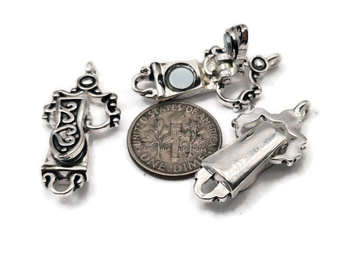 Upgrade your bracelet clasps with fold over magnetic clasps in bright silver. These secure magnetic clasps combine strong magnets with a hinged cover that locks shut, so shopping carts, car doors, and other metal objects won’t steal your jewelry. Loops at each end make them perfect silver magnetic clasps for single strand clasps or multi‑strand designs. Easier than lobster or toggle clasps, these magnetic closures let you fasten bracelets one‑handed while adding vintage style to necklaces and anklets.