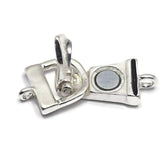 Silver fold over magnetic clasps displayed open to reveal the internal magnetic closure system and hinged fold-over security feature. These bracelet clasps combine ease of use with a clean polished appearance. Perfect for handmade bracelets, jewelry making, beading wire projects, leather accessories, custom jewelry, magnetic bracelet closures, and artisan-crafted bracelet designs.